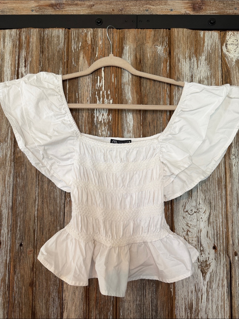 Zara White Flutter Sleeve Peplum Blouse